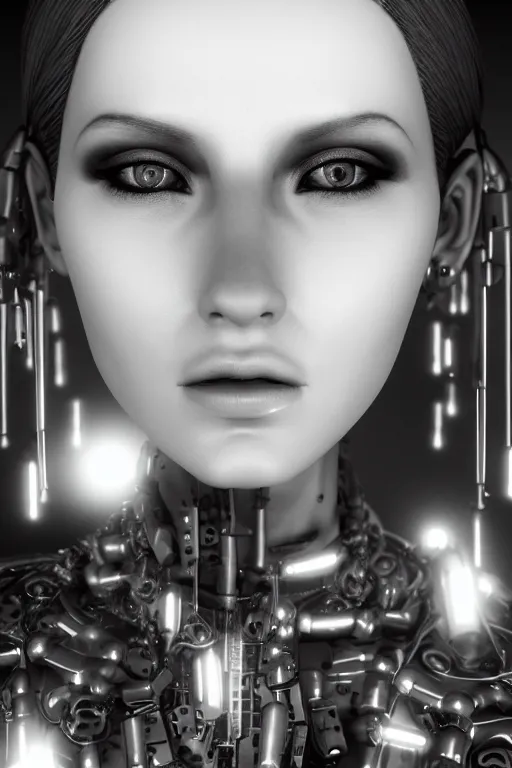 Prompt: a monochrome side portrait photo of a woman's head with a bunch of mechanical implants and enhancements, cyberpunk art by hedi xandt, cgsociety, panfuturism, adafruit, daz 3 d, zbrush