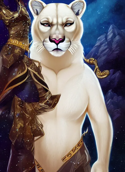 Image similar to award winning beautiful portrait commission of a male furry anthro albino mountain lion with a beautiful hyperdetailed attractive outfit and face wearing a golden and black rockstar outfit on a stage. Character design by charlie bowater, ross tran, and makoto shinkai, detailed, inked, western comic book art