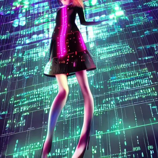 Prompt: hyperdetailed digital beautiful girl wearing a short skirt in the rain interacting with a holographic interface on a wall in a future cyber punk style city trending on art station