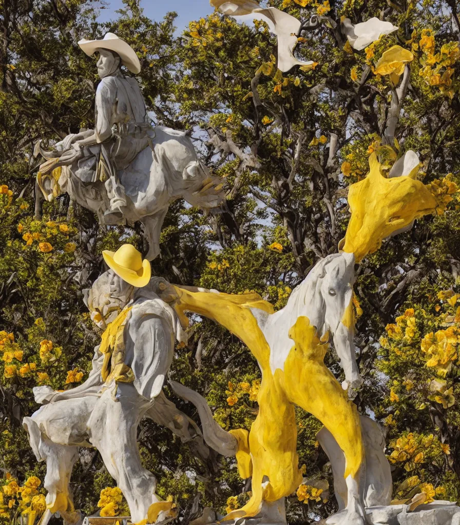 Prompt: a cowboy turning into blooms by slim aarons, by zhang kechun, by lynda benglis. tropical sea slugs, brutalist monumental angular sharp tractor tires. complementary colors. warm soft volumetric dramatic light. national geographic. 8 k, rendered in octane, smooth gradients. sculpture by antonio canova. yellow accents.