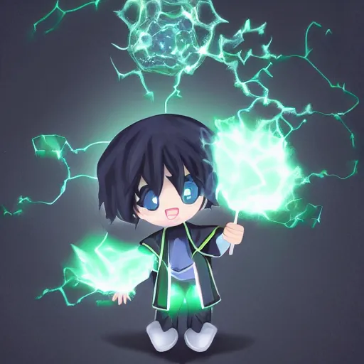 Prompt: cute fumo plush of a boy holding a large book of forbidden spellcasting, particle simulation, eerie glow, black and white with green lighting,