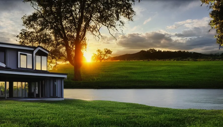 Prompt: photo realistic post modern home on a river bend, hills, mountains, sunset, trees in the background, moody scene, anamorphic lens, kodak color film stock