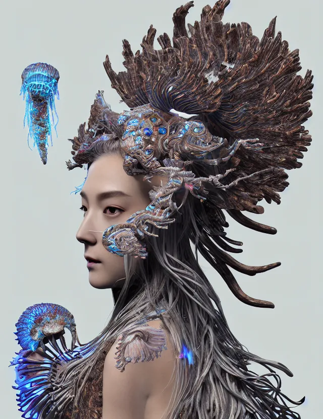 Image similar to 3 d goddess close - up profile portrait with ram skull. beautiful intricately detailed japanese crow jellyfish phoenix, bio luminescent, plasma kitsune mask and clasical japanese kimono. betta fish, jellyfish phoenix, bio luminescent, plasma, ice, water, wind, creature, artwork by tooth wu and wlop and beeple and greg rutkowski