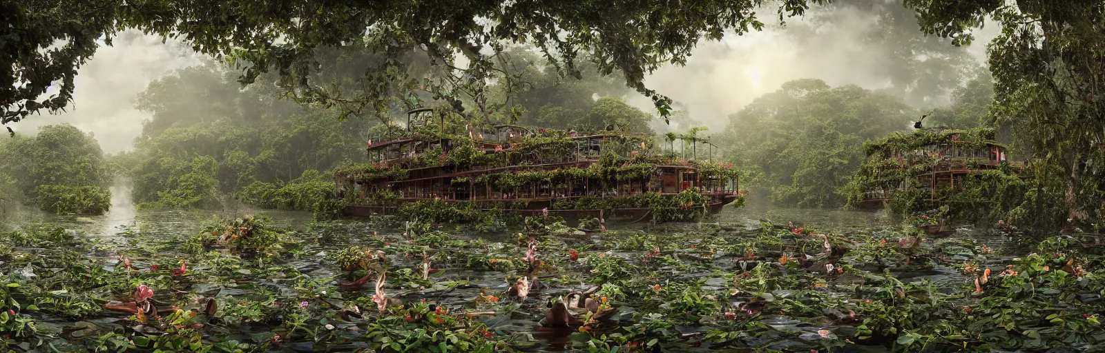 Prompt: A wooden, beautiful 1880's steamboat overgrown with intricate vines, flowers, snakes, anacondas and exotic vegetation floating down on the Amazon river. Faint lights from inside the ship. Steam. Birds circulating. The boat looks like an island. Ecosystem. Photo by Stanley Kubrick. Photorealistic. Sunset. Volumetric lights. Mist. hyper-maximalistic, with high detail, cinematic, 8k resolution, beautiful detail, insanely complex details.