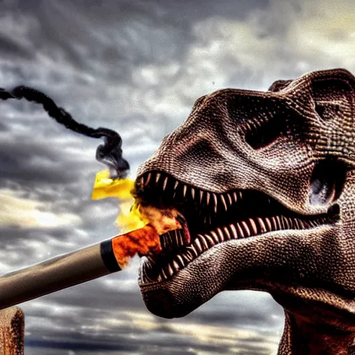 Image similar to dinosaur smoking a cigarette in their mouth realistic hdr professional shot