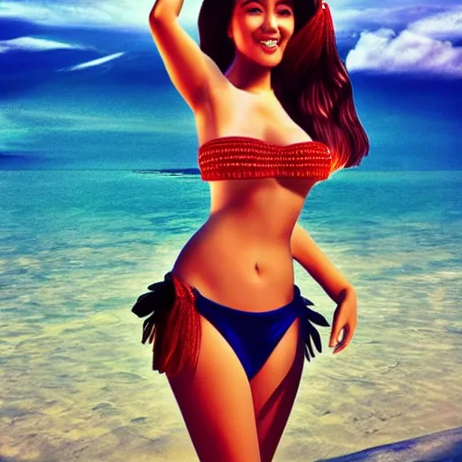 Image similar to beautiful hula dancer in a bikini on the beach drawn by artgerm