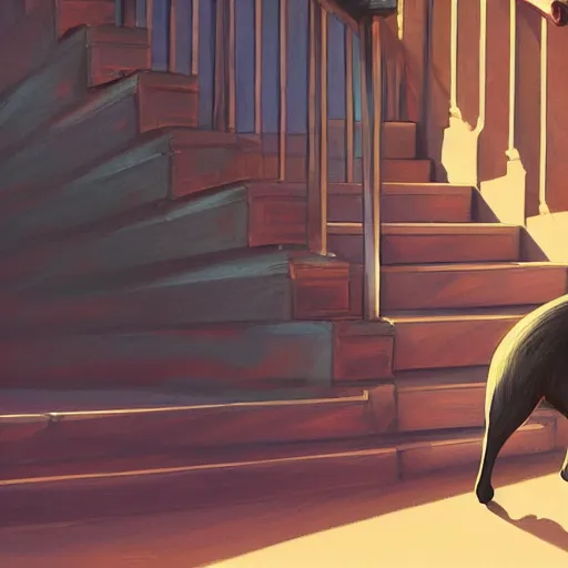 Prompt: wide shot of black cat walking down the stairs, outdoor, daytime, long shadows, highly detailed, warm colors, artstation, concept art, sharp focus, illustration, masterpiece