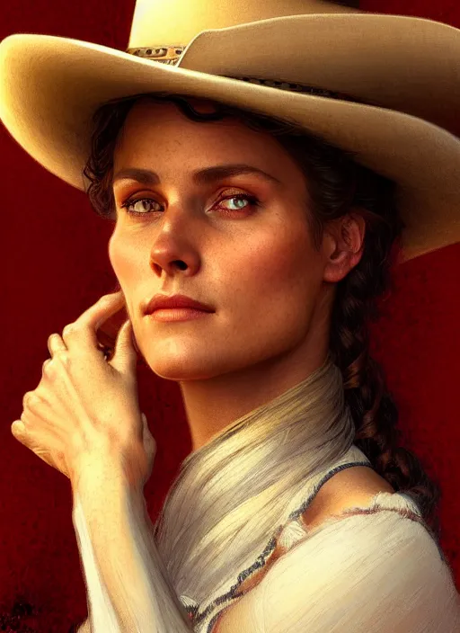 Prompt: portrait of dolores from westworld, cowboy, 1 8 9 0, western, hat, colt intricate, headshot, highly detailed, digital painting, artstation, concept art, sharp focus, cinematic lighting, illustration, art by artgerm and greg rutkowski, alphonse mucha, cgsociety