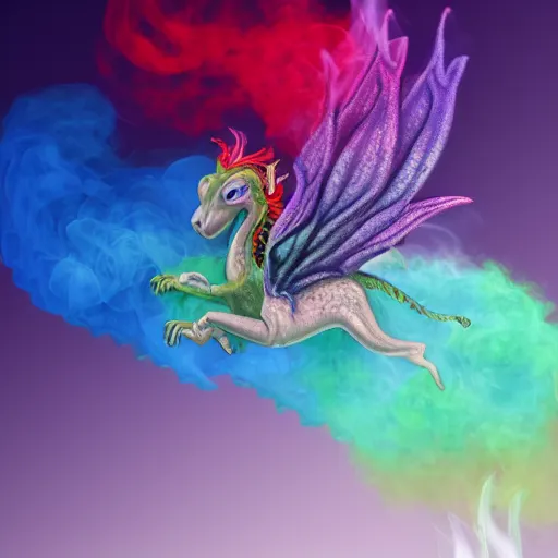 Image similar to multi color smoke with the small outstretched ribbed wings and head of a fairytale dragon, billowy, 8 k, 4 k