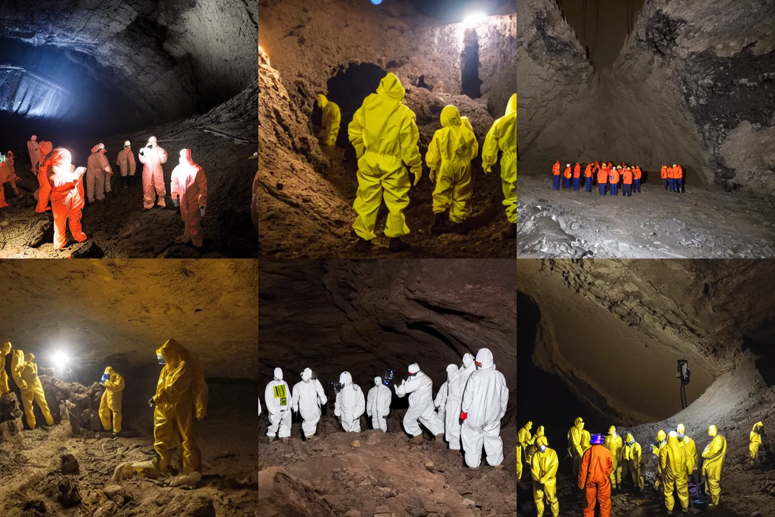 Prompt: People in hazmat suits holding flashlights inspecting massive alien structures in the dark depths of a pit