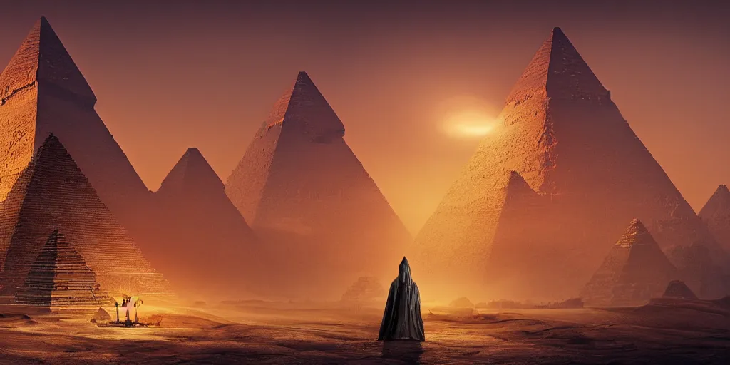 Image similar to Photorealistic epic intricate detailed dark wizard with arms outstretched, casting spells in front of an ominous Egyptian pyramid. a gentle rising mist, an epic rocky landscape. Art Nouveau, occult photorealism, UHD, amazing depth, glowing, golden ratio, 3D octane cycle unreal engine 5, volumetric lighting, cinematic lighting, cgstation artstation concept art