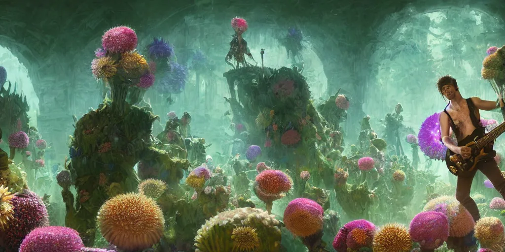 Image similar to digital artwork of anthromorphic sea urchin male, rock band, performing on stage full of beautiful flowers, guitar, advanced stage lighting, audience under stage waving green glow sticks, concept art, 8 k, by greg rutkowski, gaston bussiere, 3 d vray render, craig mullins, high detail, cinematic, ue 4, unreal engine