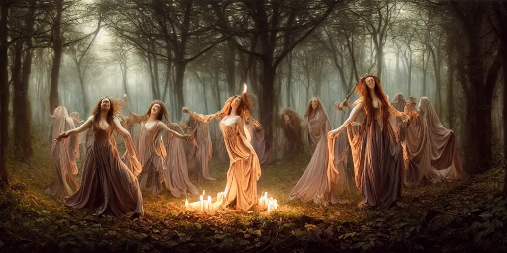 Prompt: masterpiece ephemeral witches sabbath dancing in the moonlit woods, composition by anastasiya dobrovolskaya, donato giancola, karol bak, tom bagshaw, face by artgerm and edmund leighton, background by james jean and noah bradley, majestic, volumetric lighting, porcelain skin, photorealistic, intricate, trending on artstation, 8 k