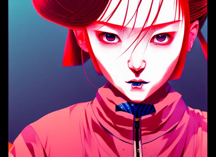 Image similar to editorial illustration by Karolis Strautniekas and Mads Berg, colorful, anime portrait vampire princess miyu, katsuhiro otomo, manga, Ilya kuvshinov,fine texture, realistic shading, fine details, matte colors, film noir, dramatic lighting, dynamic composition, moody, vivid, volumetric