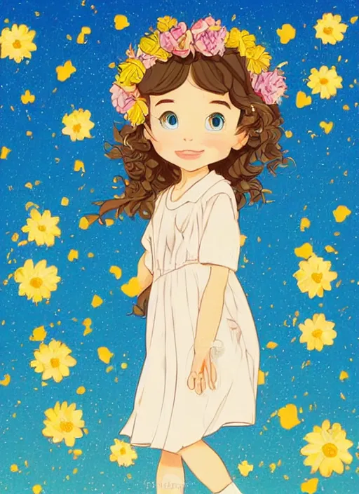 Image similar to a little girl with wavy curly light brown hair and blue eyes. she is wearing a flower crown and chasing fireflies. clean cel shaded vector art. shutterstock. behance hd by lois van baarle, artgerm, helen huang, by makoto shinkai and ilya kuvshinov, rossdraws, illustration, art by ilya kuvshinov