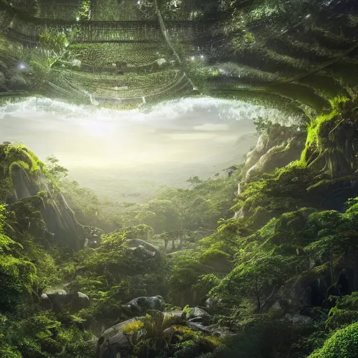 Image similar to extreme wide shot a futuristic containment building in a rainforest valley with a city in the distance, national geographic, hyper realistic, 4 k, warm light, a sense of hope, artstation