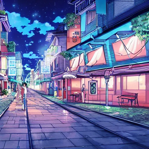 Image similar to key anime visual of a costal florida town at midnight, dark outside, modern anime style, official anime still