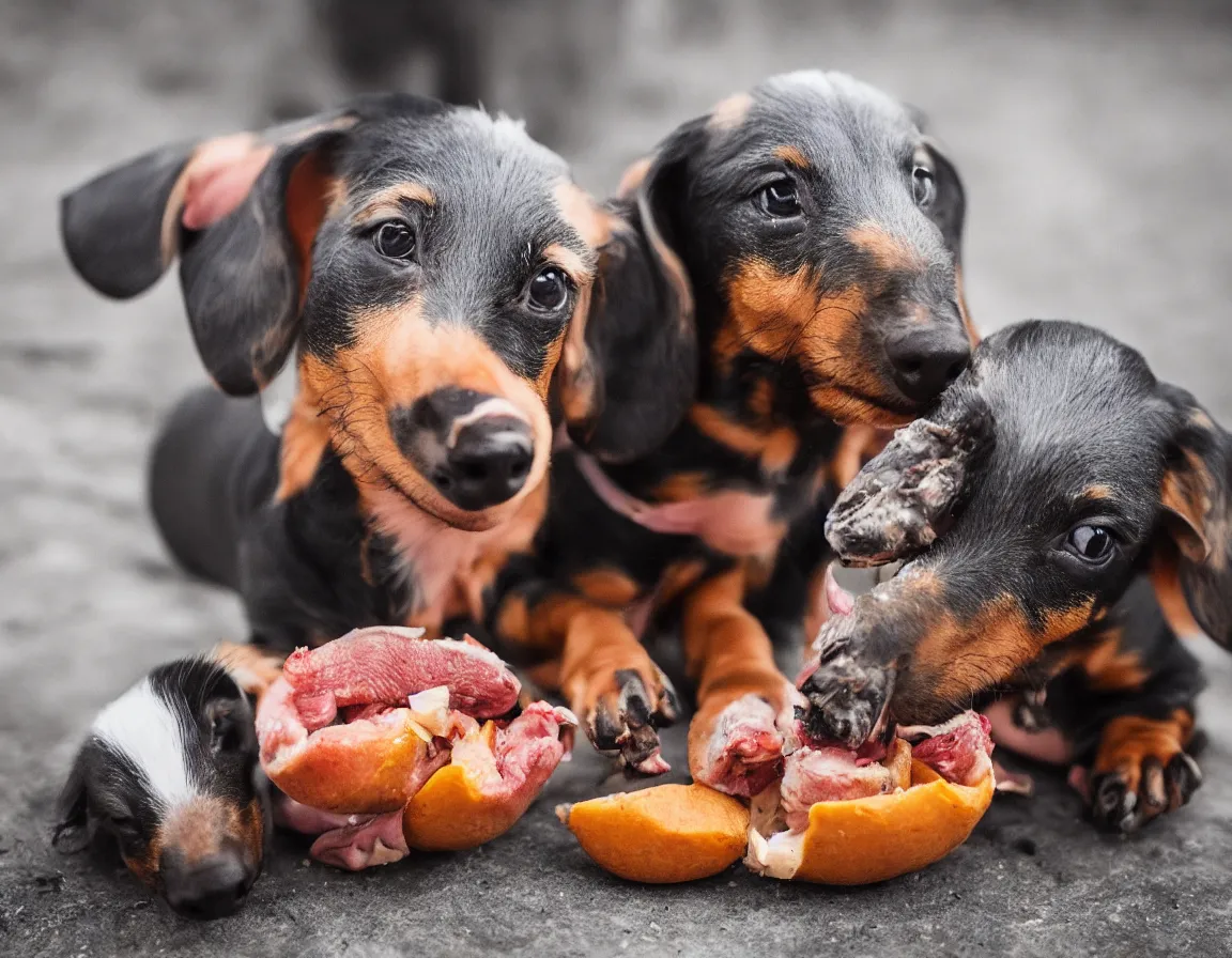 Prompt: dachshund eating a mini pig, photography