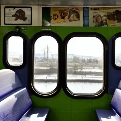 Prompt: a photograph of the inside of a subway train. there are frogs sitting on the seats. one of them is reading a newspaper. the window shows the river in the background.