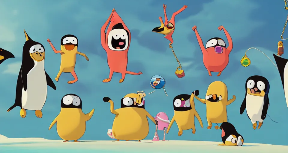 Image similar to cartoon penguins in speedos, wearing gold chains, partying, in the style of adventure time, the amazing world of gumball, pixar, toki doki, greg rutkowski and makoto shinkai, trending on artstation