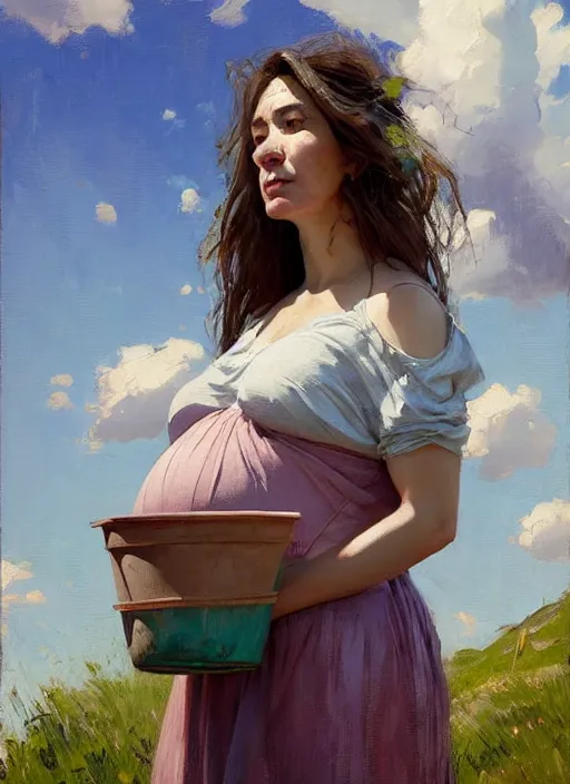 Image similar to portrait of pregnant vilage woman carrying a bucket of water, countryside, fantasy character portrait, dynamic pose, above view, view from above, sunny day, thunder clouds in the sky, artwork by Jeremy Lipkin and Giuseppe Dangelico Pino and Michael Garmash and rob rey, very coherent symmetrical artwork, perfect face, simple form, 100mm