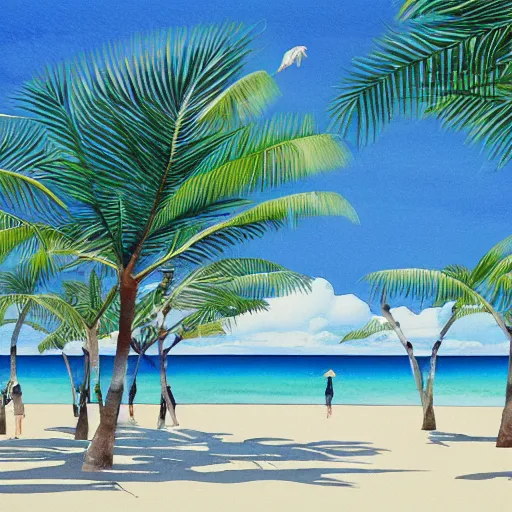 Prompt: Okinawa beach with blue skies and palm trees, intricate, watercolor, by Hiroshi Nagai, trending on Artstation