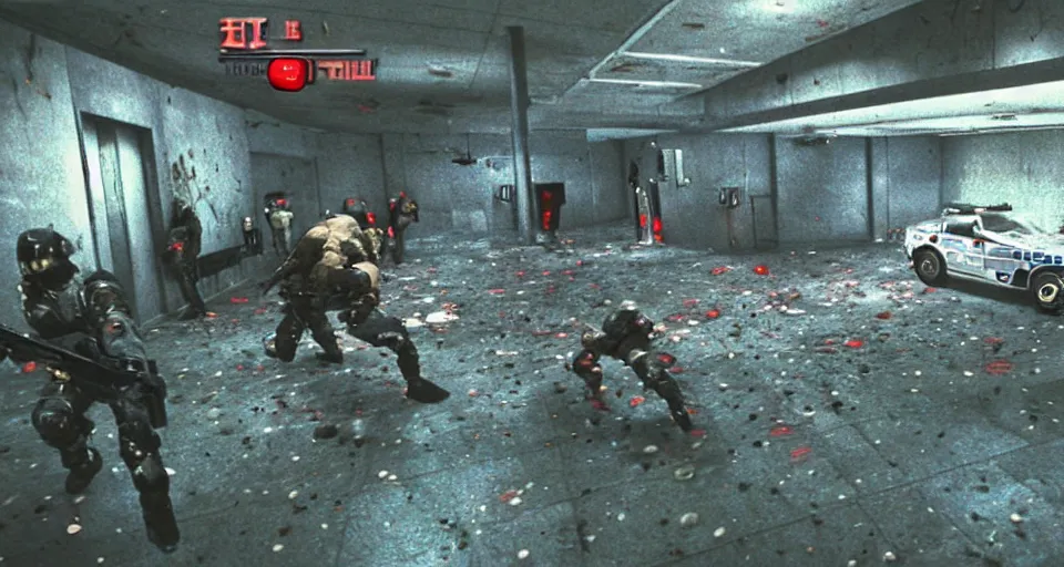 Image similar to 1996 Video Game Screenshot of Neo-tokyo Cyborg bank robbers vs police, Set inside of Parking Garage, Dark, Multiplayer set-piece Ambush, Tactical Squads :10, Police officers under heavy fire, Suppressive fire, Pinned down, Destructible Environments, Gunshots, Headshot, Bullet Holes and Anime Blood Splatter, :10 Gas Grenades, Riot Shields, MP5, AK45, MP7, P90, Chaos, Anime Machine Gun Fire, Gunplay, Shootout, :14 FLCL + Akira, Cel-Shaded:15, Created by Katsuhiro Otomo + Studio Gainax + Trending on Artstation: 20