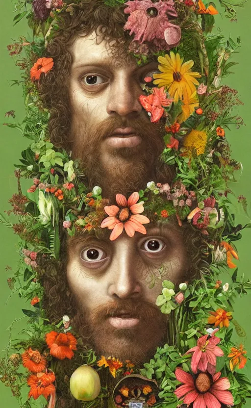 Prompt: a becoming and phenomenal jesus in the rain from clockwork orange in a lush garden full of diverse plants, by mab graves and giuseppe arcimboldo. luminism. hypermaximalist. gouache. trending on artstation.