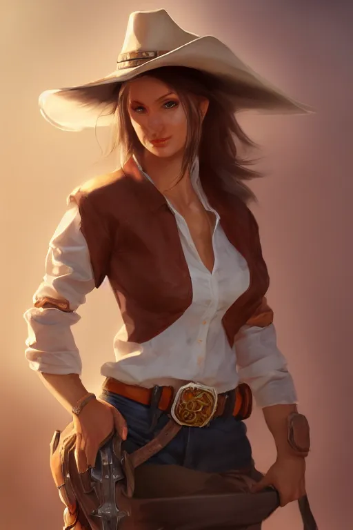 Image similar to full body, female cowgirl, perfect face, white blouse, holster, 8 k, magic the gathering, desert, d & d, artstation, high detail, smooth, sweaty character concepts by senior concept artist