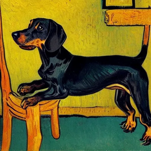 Image similar to Portrait of a dachshund on a chair, painted by Vincent Van Gogh