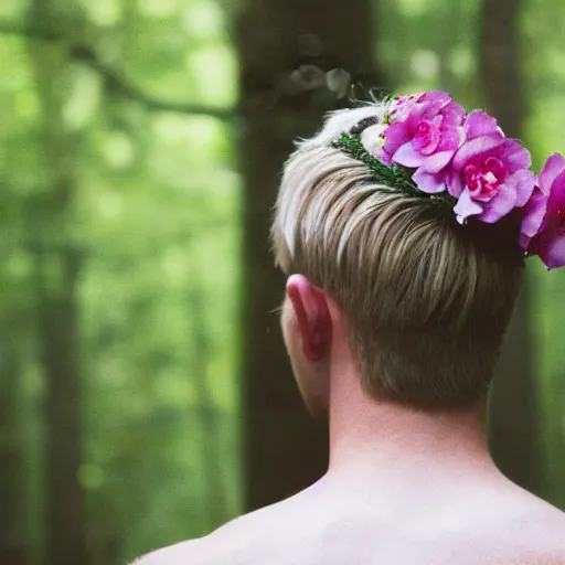 Image similar to close up kodak portra 4 0 0 photograph of a skinny blonde guy standing in dark forest, back view, flower crown, moody lighting, telephoto, 9 0 s vibe, blurry background, vaporwave colors, faded!,