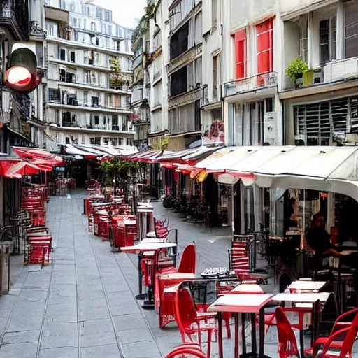 Prompt: une rue de paris vide avec des voitures garees, un restaurant avec une terrasse, des boutiques avec des neons, en debut de matinee, en 2 0 0 0