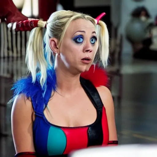 Image similar to A still of Kaley Cuoco as Harley Quinn