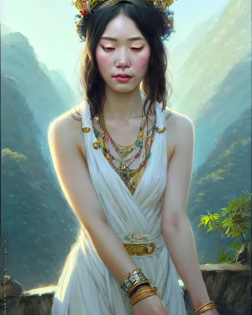 Image similar to a beautiful taiwan goddess with sundress with jewelry | | winter, realistic shaded, unpleasant face, good looking, fine details, realistic shaded lighting poster by greg rutkowski, magali villeneuve, artgerm, jeremy lipkin and michael garmash and rob rey