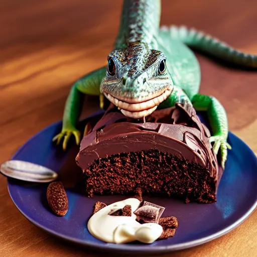 Image similar to lizard eating a cinematic dramatic lights movie shot of ultra realistic photo of a cup full of sweet goloso pasticceria chocolate ice cream cake with a coffee - praline twist cream bigne in with rich details in luxury cup and plates