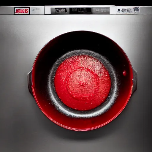 Prompt: cast iron skillet pan loaded into dishwasher, anger, red