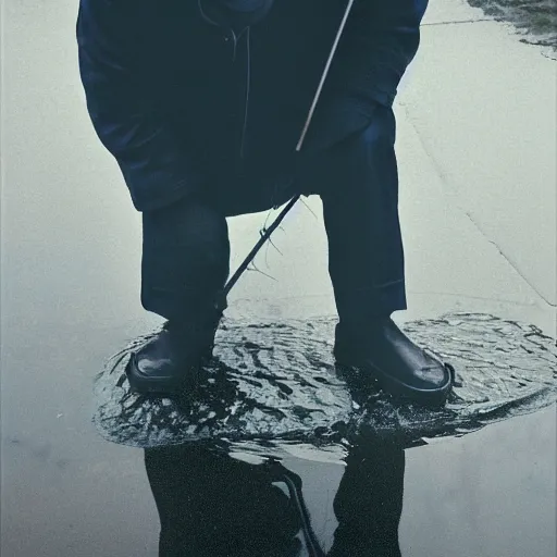 Prompt: closeup portrait of a man fishing in a puddle rainy new york street, by Annie Leibovitz and Steve McCurry, natural light, detailed face, CANON Eos C300, ƒ1.8, 35mm, 8K, medium-format print