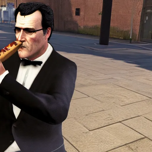 Image similar to portrait of bruce campbell dressed in a tuxedo smoking a cigar. gta v graphics