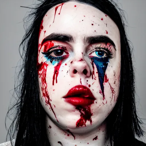 Prompt: Billie Eilish with blood coming from her eyes, XF IQ4, 150MP, 50mm, F1.4, ISO 200, 1/160s, natural light, Adobe Lightroom, photolab, Affinity Photo, PhotoDirector 365