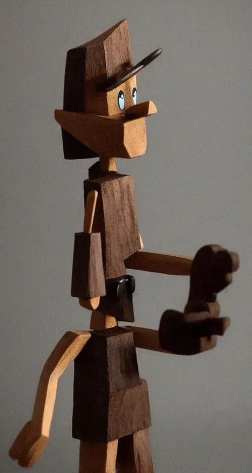 Image similar to a little wooden boy like pinocchio, dark style by alberto mielgo