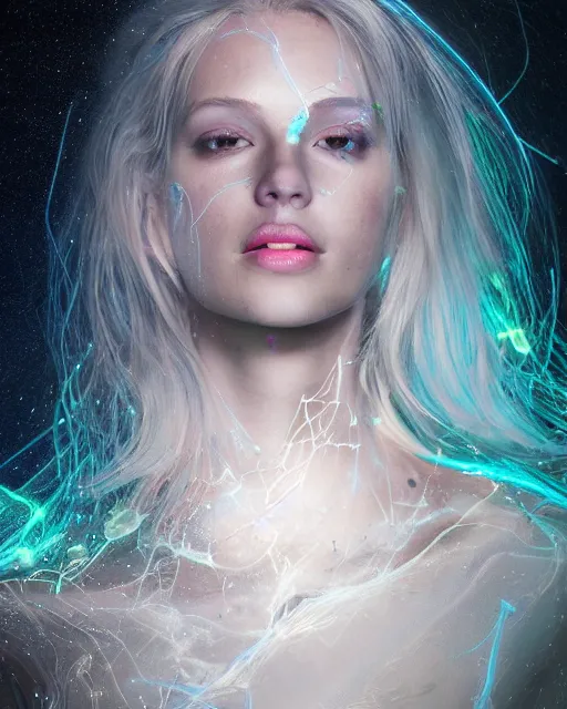 Image similar to bioluminescent long exposure light painting of a beauteous biomechanical practical sumptuous full frame photo realistic face, lifelike incredible hair, crystalline masterpiece incrustations, hyperdetailed face, elegant pose, movie still, intricate, octane render, cinematic forest lighting,