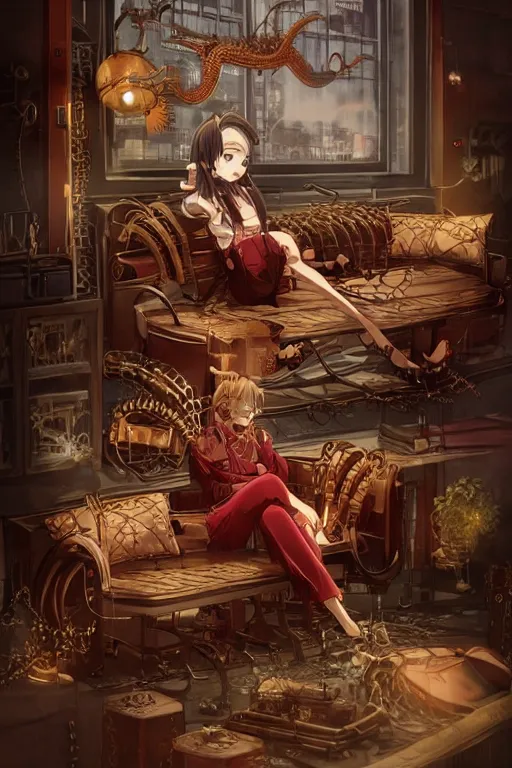 Prompt: anime style movie illustration, old sick gold and crimsoned scaled asian dragon on a steam punk couch with wires and gears and steam punk apparatus, artstation, matte painting, style of studio ghibli, featured in artstation and artgerm and pixiv, award winning, cinematic, elegant, intricate, 8 k