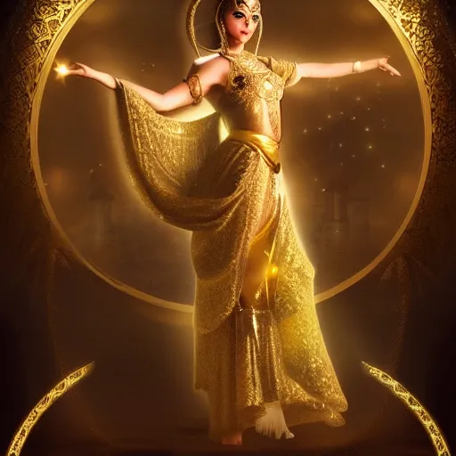 Prompt: aesthetic!!! Female genie in Arabic clothing, ethereal, gold tint, cinematic lighting