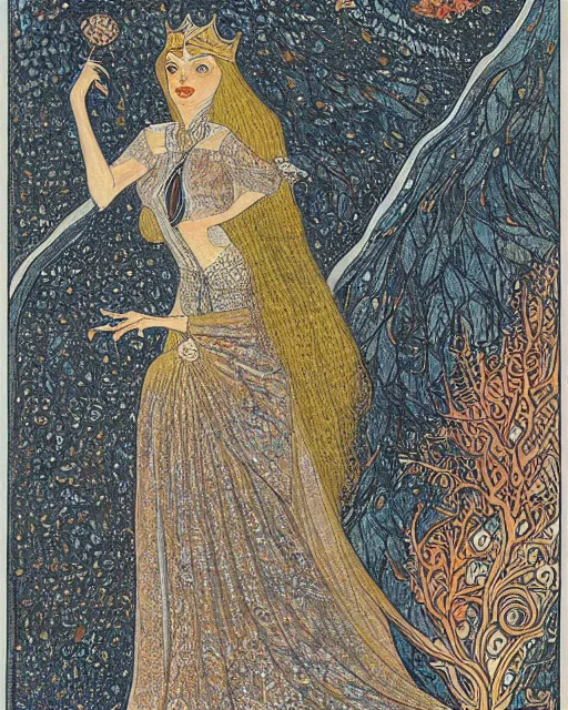 Image similar to a lithograph of tzarina katarin bokha, the ice queen of kislev by ivan bilibin, highly detailed