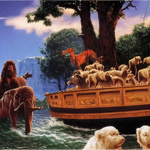 Image similar to an extremely detailed matte painting of the animals leaving noah's ark, 4 k, noah's ark, antediluvian, by bob ross and norman rockwell