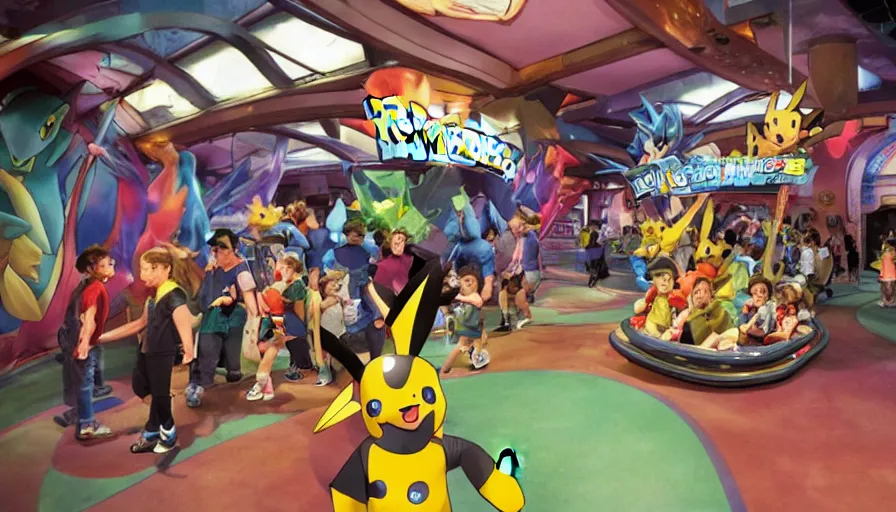 Image similar to 1990s photo of inside the Pokémon themed Ride at Universal Studios in Orlando, Florida, children riding through a Pokémon gym where Pokémon are battling, cinematic, UHD