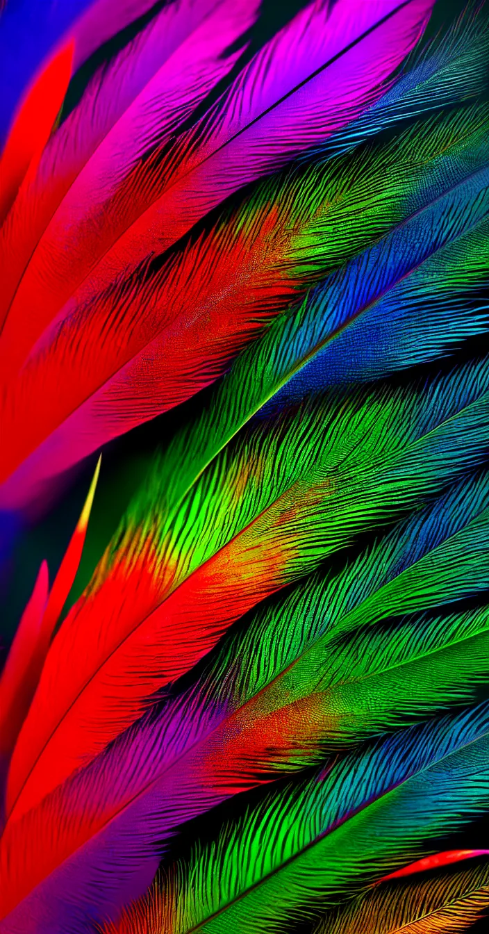 Image similar to realistic photo of colorful one big feather, minimal with one feather in center, highly textured, dark smooth background, very sharp focus, 3 d octane render, in the style of greg rutswoski, very hyper realistic, highly detailed, fantasy art station