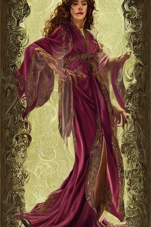 Image similar to a beautiful sorceress leaning with elegant looks, flowing robe, ornate and flowing, intricate and soft, by