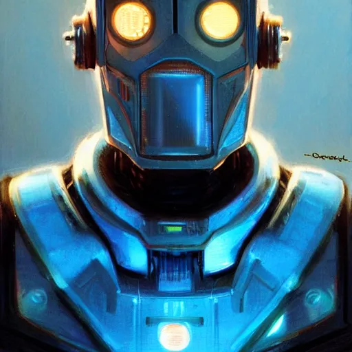 Image similar to robot with glowing blue single line visor as a realistic scifi cyberpunk knight, closeup portrait art by donato giancola and greg rutkowski, realistic face, digital art, trending on artstation, symmetry!!!