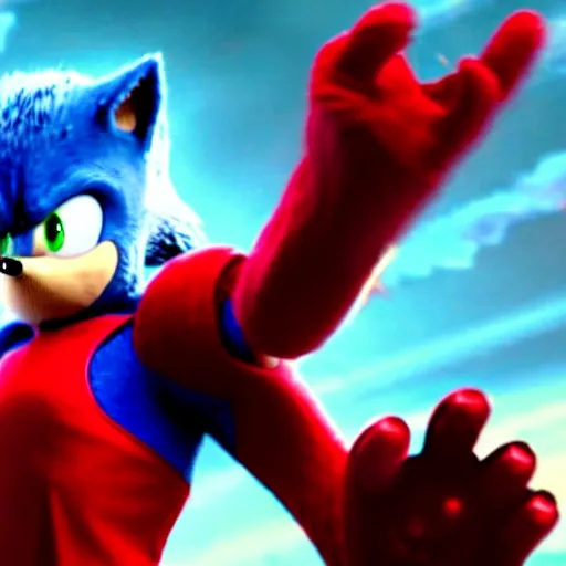 Prompt: The famous scene in the Avengers when Sonic the Hedgehog finally arrived to the fight and beat Thanos, movie sonic, extremely detailed with lots of background explosions and effects, grinning, wearing red gloves, 4k, 8k, HDR